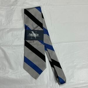 NWT Nautica Men’s Silk Blend Tie Blue Silver Black Diagonal Stripe Traditional